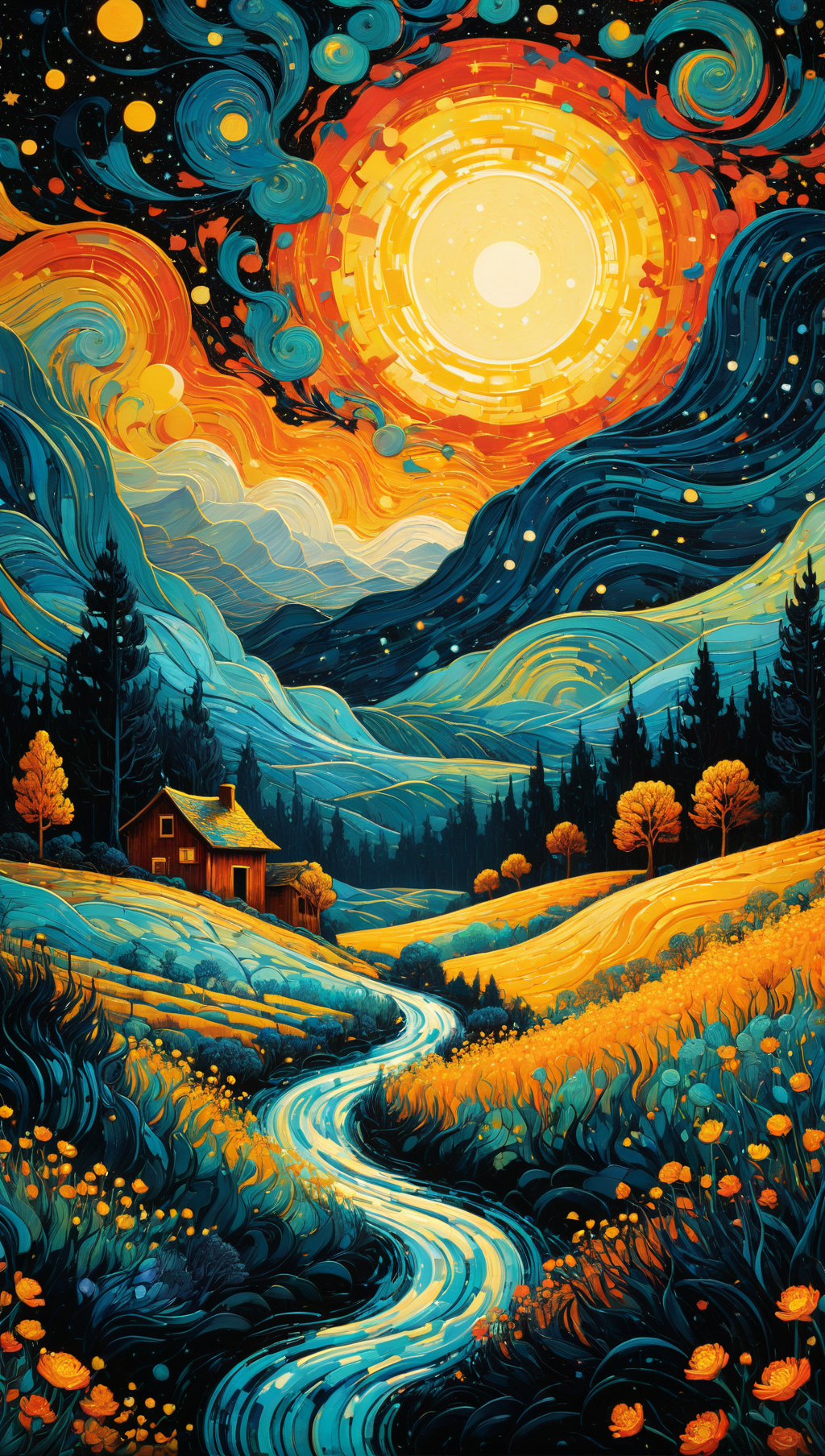 01003-1603342541-Art by James R. Eads, Swirling and flowing lines define the vivid landscapes and sky, drawing inspiration from Van Gogh's Starry.png